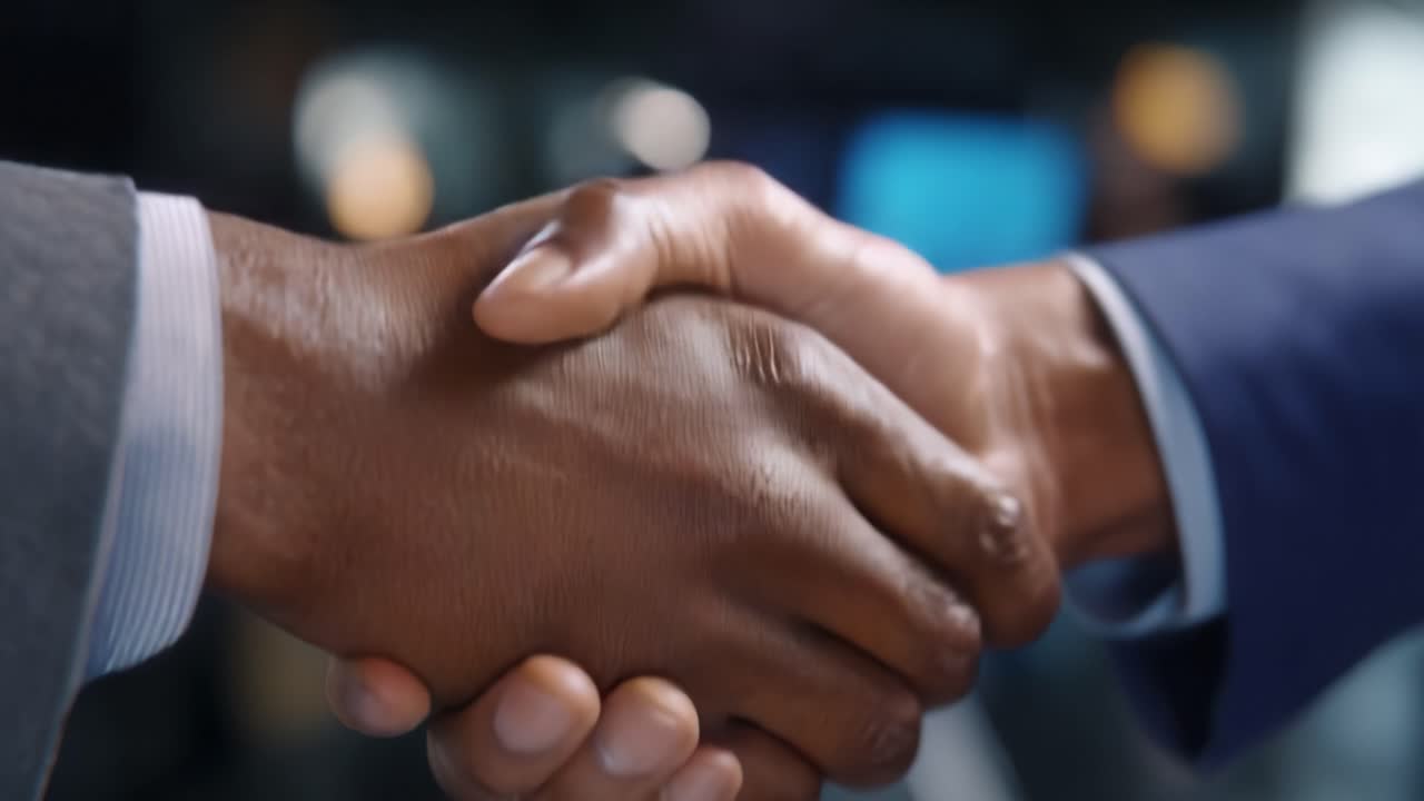A firm handshake symbolizes collaboration, trust, and partnership between two individuals in a professional environment, showcasing unity and agreement