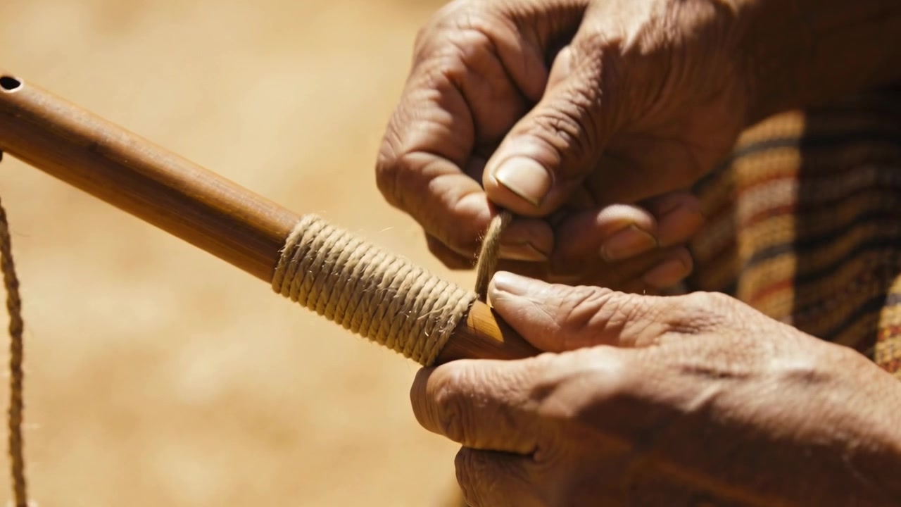 Placing loose twine, male hands with ring winding, tucking, snugging twine on wooden rod to secure