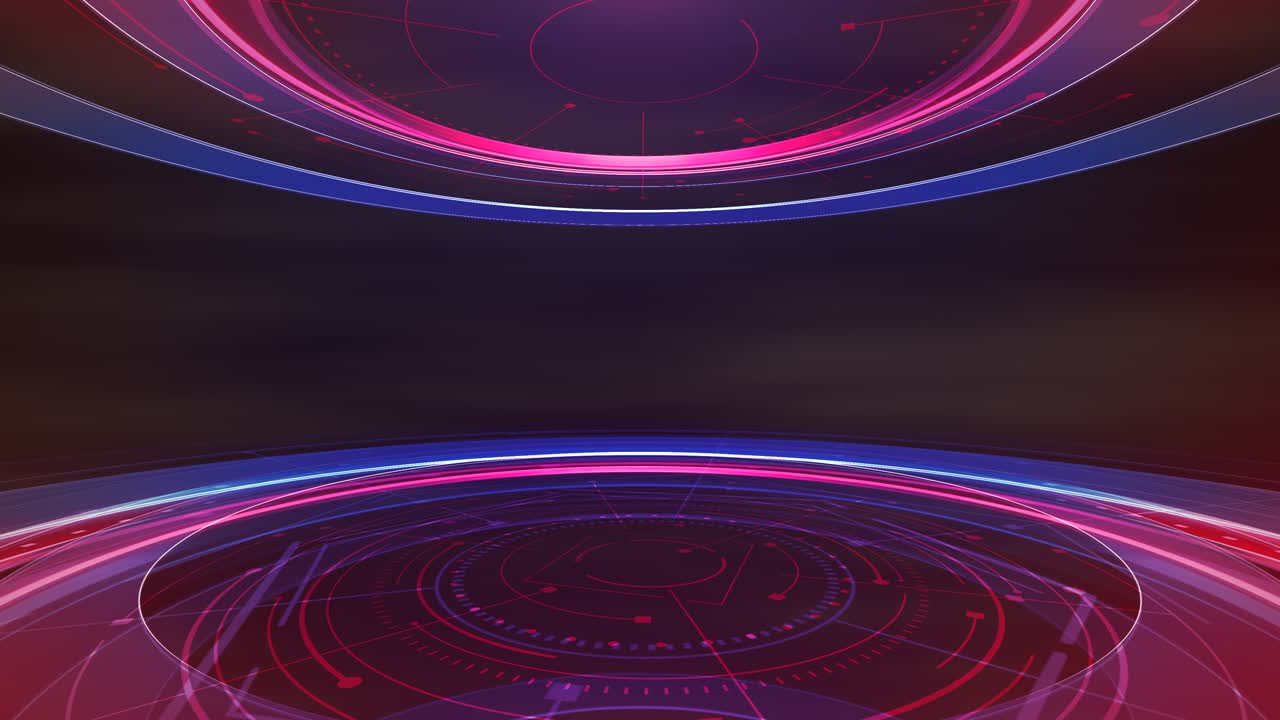 Newsroom studio with neon circular shapes