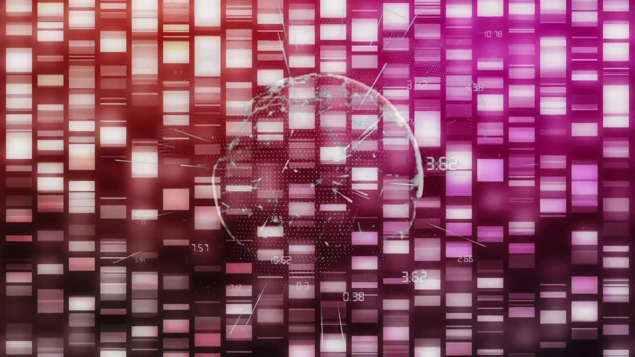 Mosaic grid pulsing initiating globe fading center, emitting network lines and metrics for tech