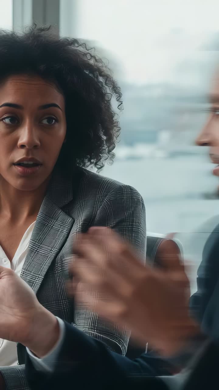 Vertical video: Turning woman in grey blazer listening to man raising hands in meeting with window