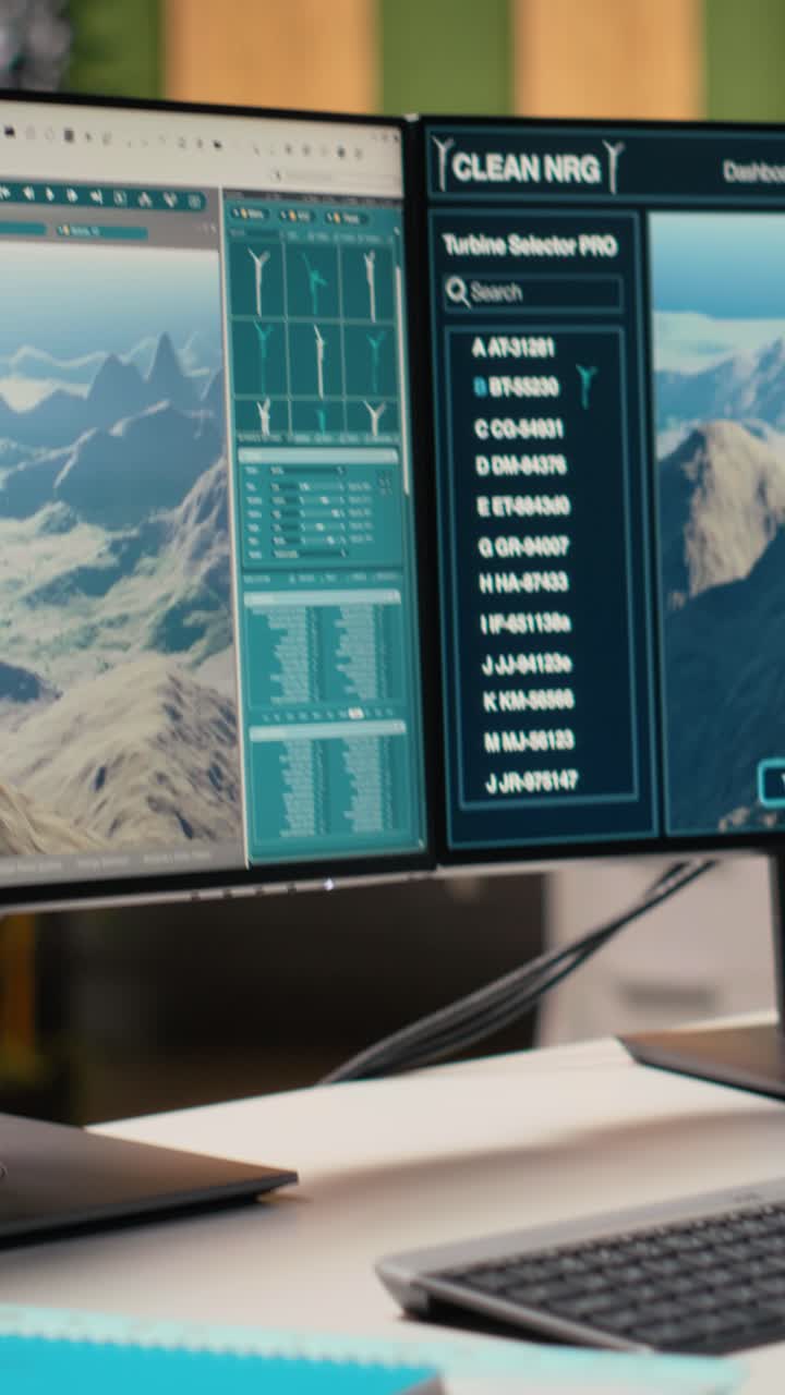 Futuristic windmill prototype simulation on PC screens in RD office