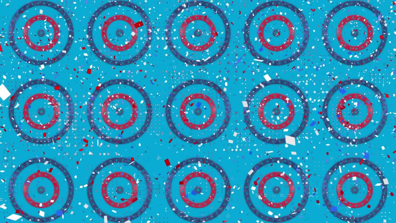 confeti colorido cayendo sobre múltiples estrellas en círculos giratorios contra un fondo azul