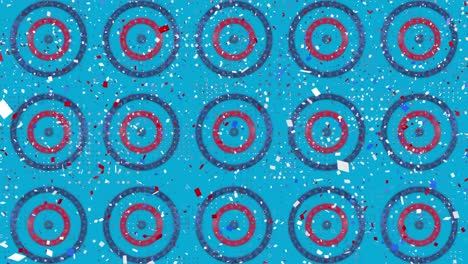 confeti colorido cayendo sobre múltiples estrellas en círculos giratorios contra un fondo azul