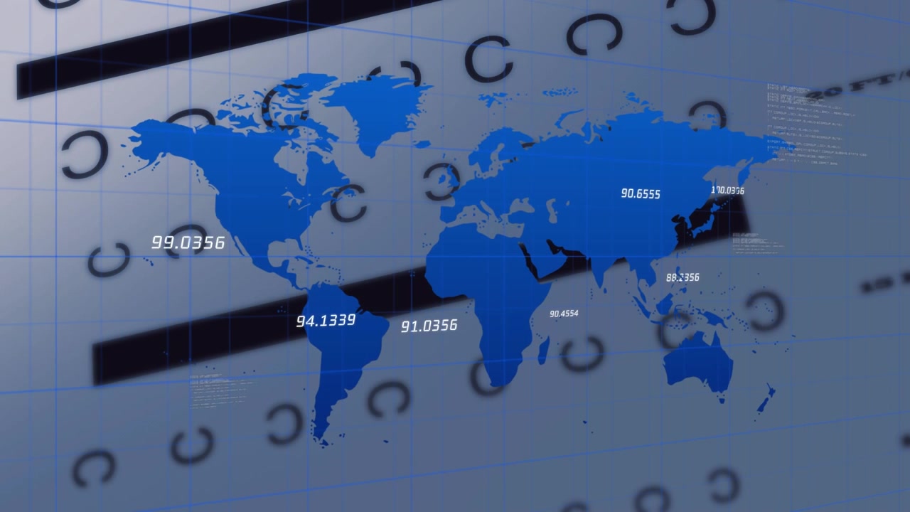 Animazione di numeri multipli che fluttuano sopra una mappa del mondo, con elaborazione dati su sfondo grigio.