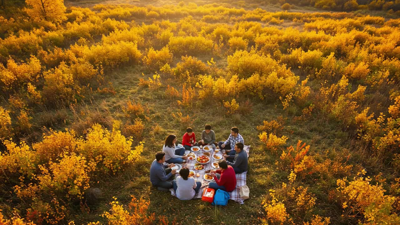 Group Picnic in a Golden Autumn Field at Sunset