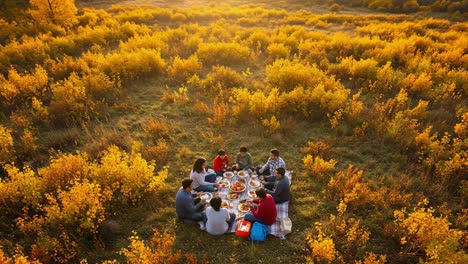 group picnic in a golden autumn field at sunset