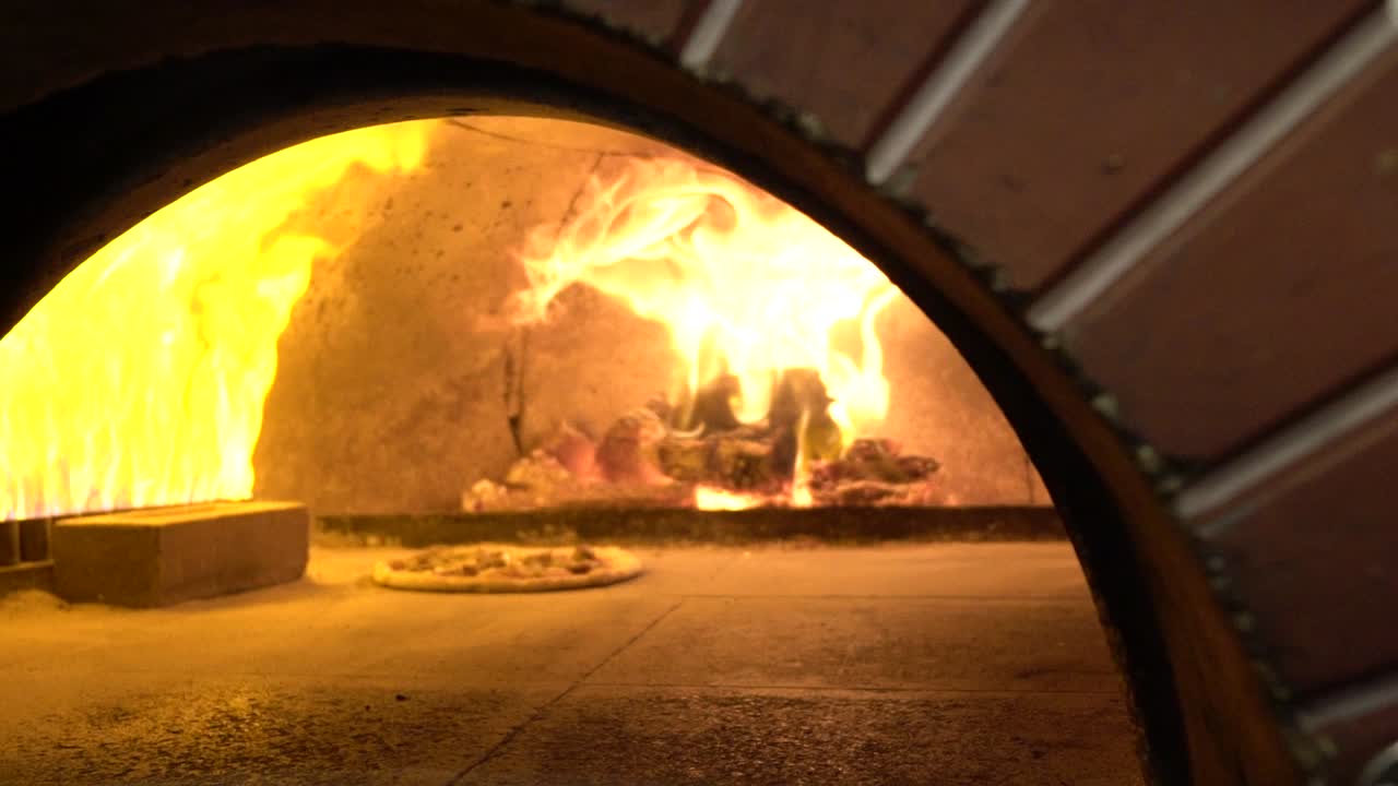 Brick Oven Pizza With Fire Slow Motion