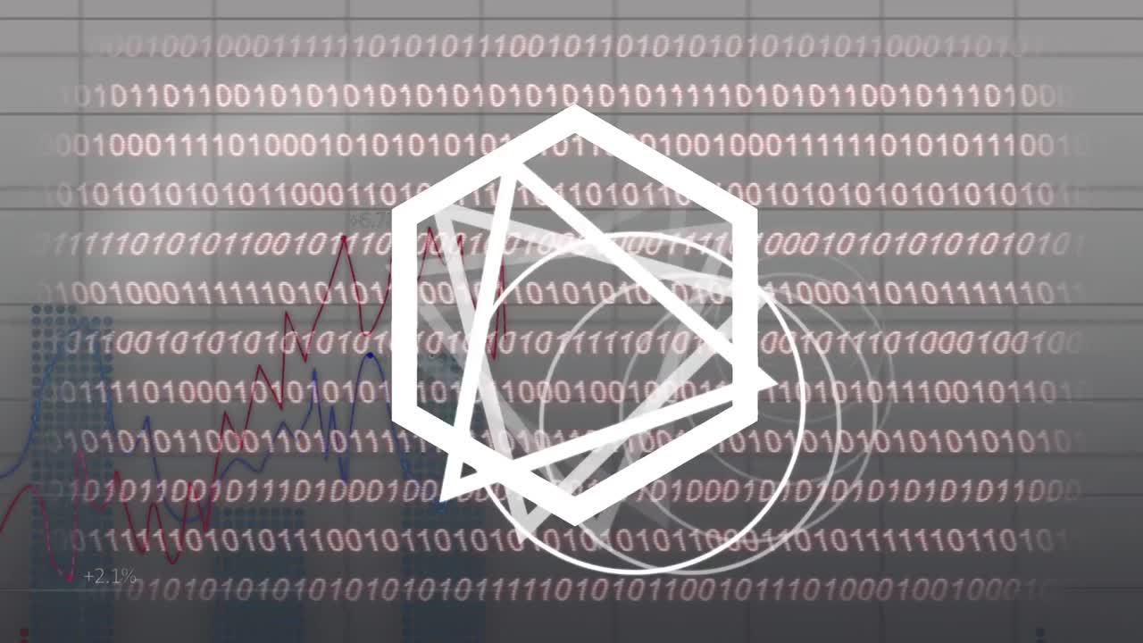 Animation of geometrical shapes over binary code and graph in beige space