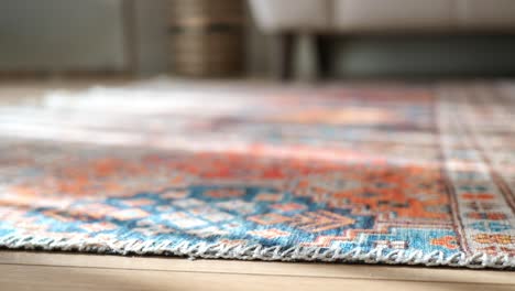 colorful traditional area rug on wooden floor