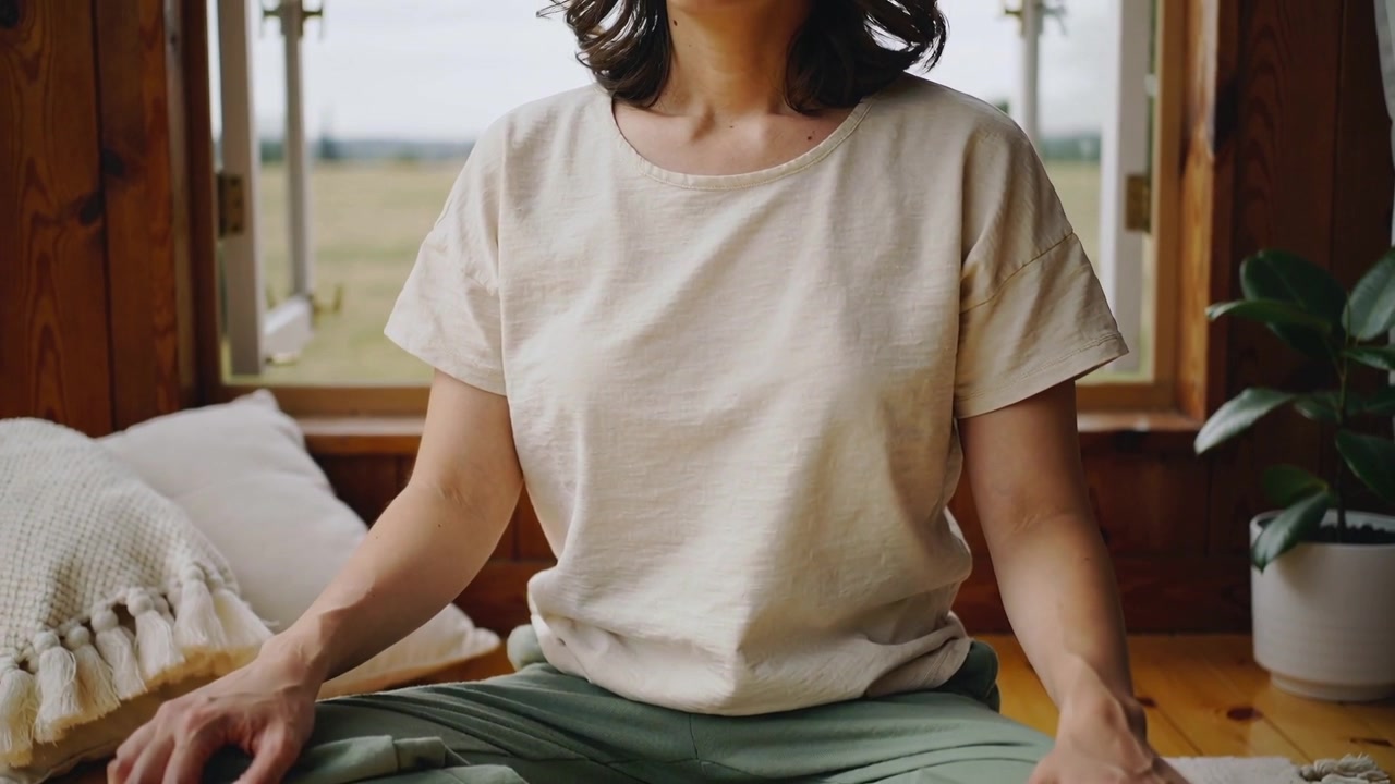 Respirando profundamente, una mujer se endereza en un rincón junto a la ventana, con camiseta beige y pantalones verde salvia, comenzando a meditar.