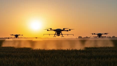 aerial agriculture: drones in action over fields at sunset, enhancing crop care and productivity through precision farming techniques
