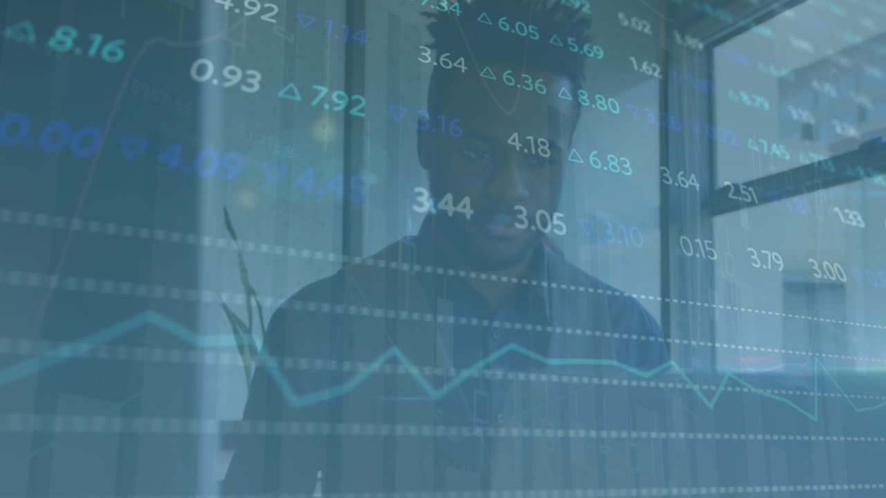 Animation of stock market data processing against thoughtful african american businessman at office