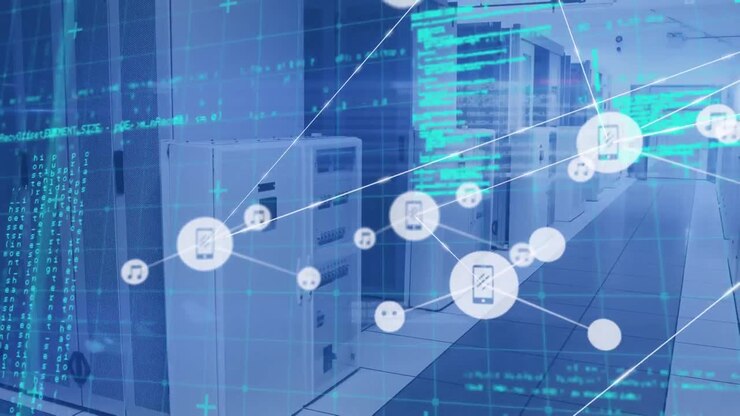 Animation of network of digital icons and data processing against computer server room