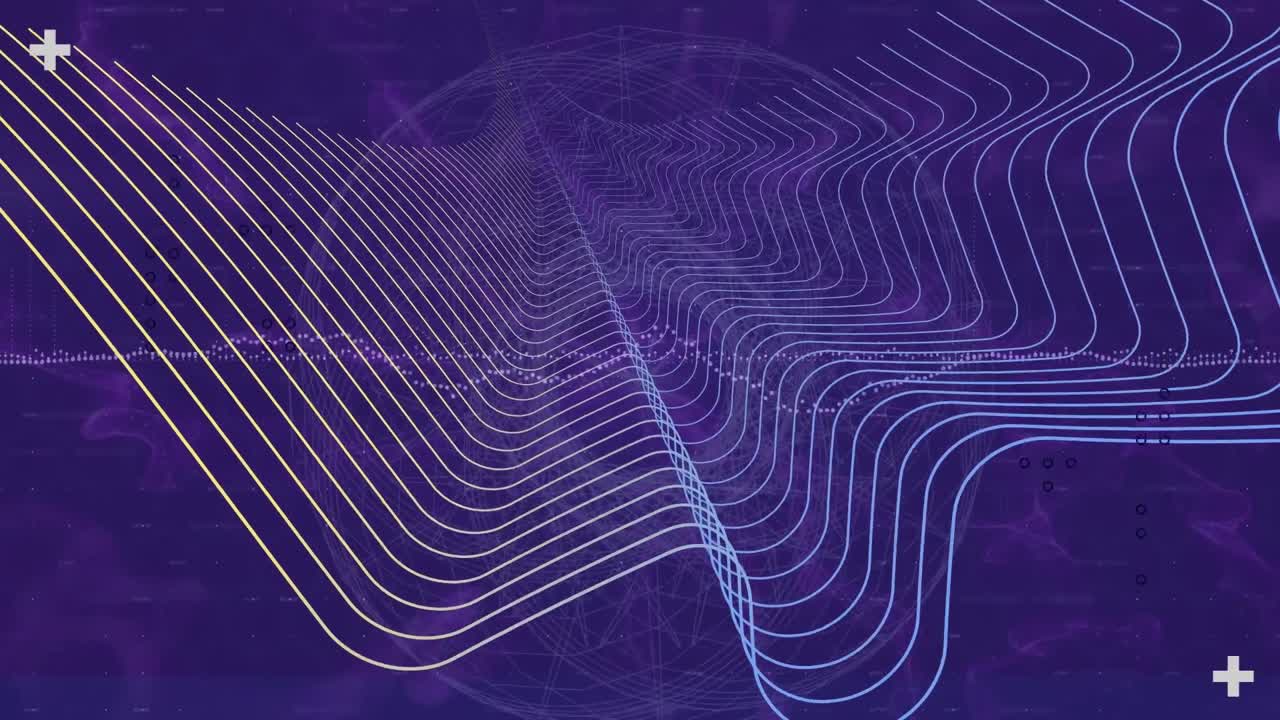 Animation of abstract shapes over globe of network of connections against blue background