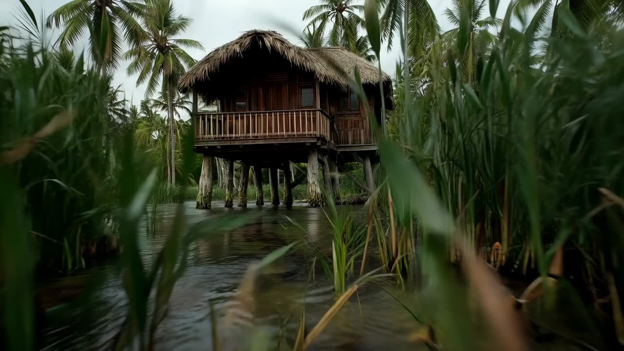 Vào kênh, góc máy lướt qua lau sậy đến một túp lều sàn bằng gỗ trên mặt nước, cho thấy những cọc gỗ hà bám đầy