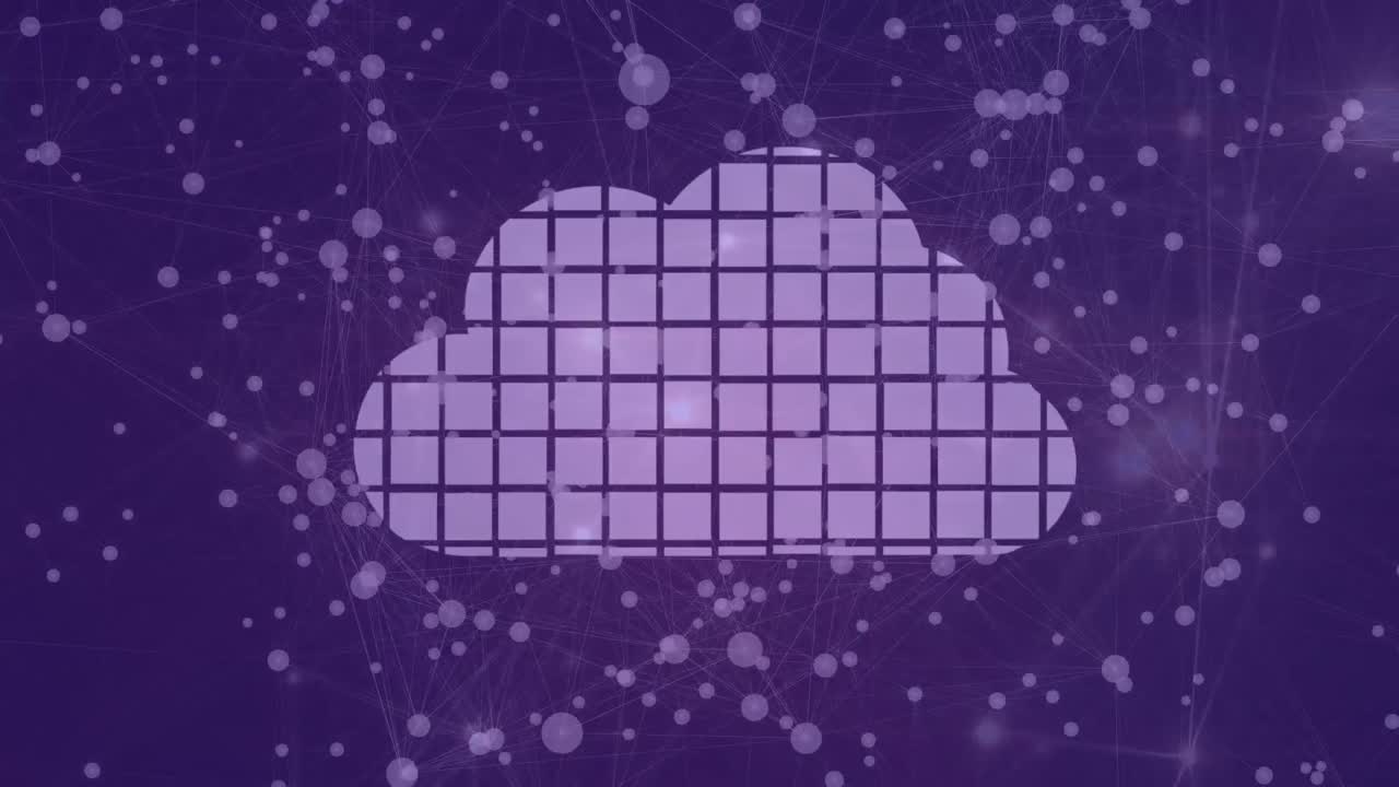 animación del icono de la nube digital con puntos en fondo púrpura