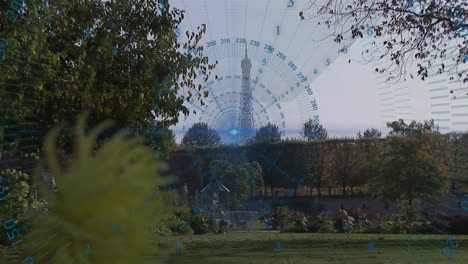 digital data overlay animation over park view with distant tower in background