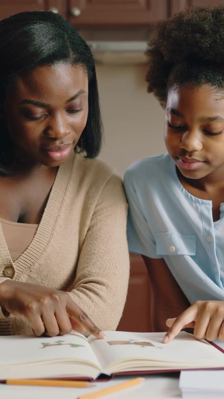 Vertical video: Mom in cardigan responding to open book, guiding girl in blouse in kitchen, reading