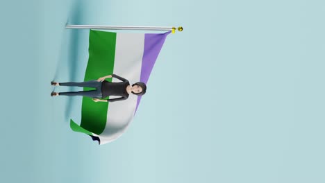 vertical video of a woman waving her hand in front of the genderqueer flag in a blue background animation 4k