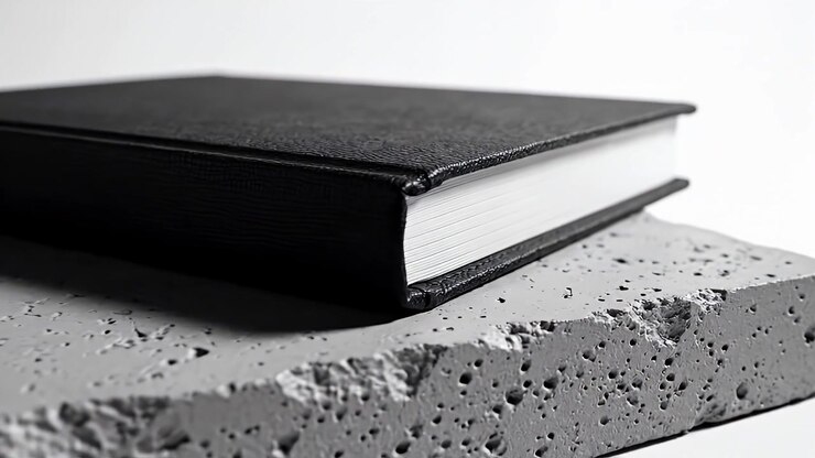Libro nero con copertina rigida appoggiato su un blocco di cemento texturizzato