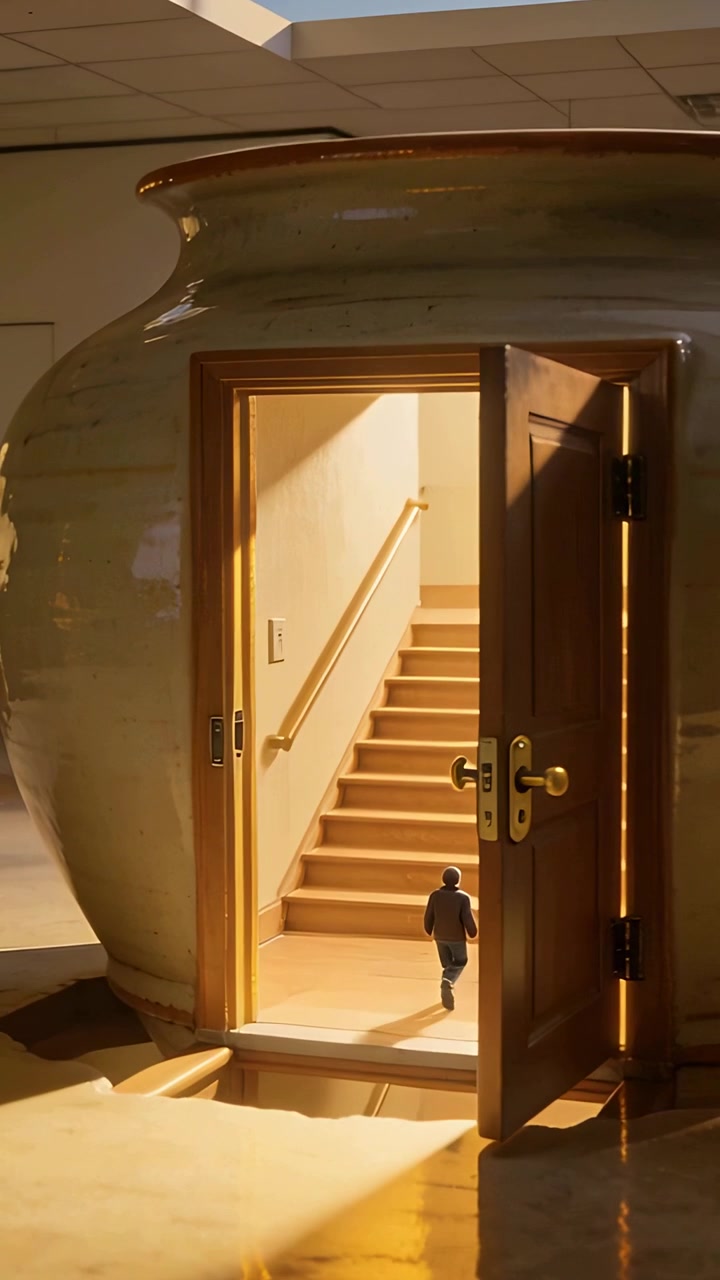 Vertical video: Walking kid in dark coat entering vase door in atrium after door ajar toward stairs