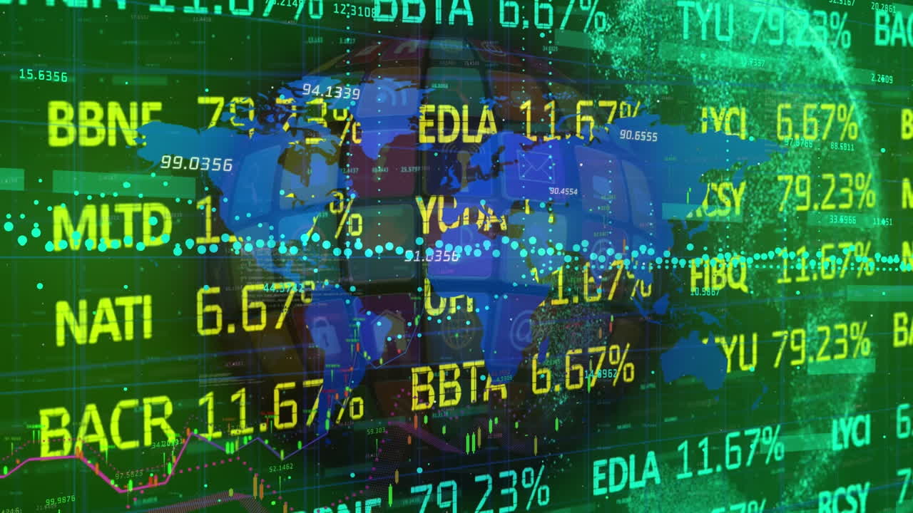animación de datos financieros en el mundo y en el mapa del mundo