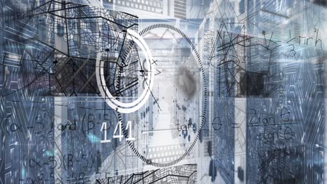 Animation of mathematical equations and data processing against computer server room