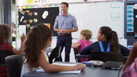 school kids raising hands in an elementary school class