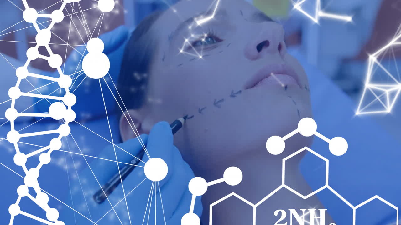 얼굴 미용 수술을 받는 백인 여성 환자에 대한 dna와 네트워크의 애니메이션