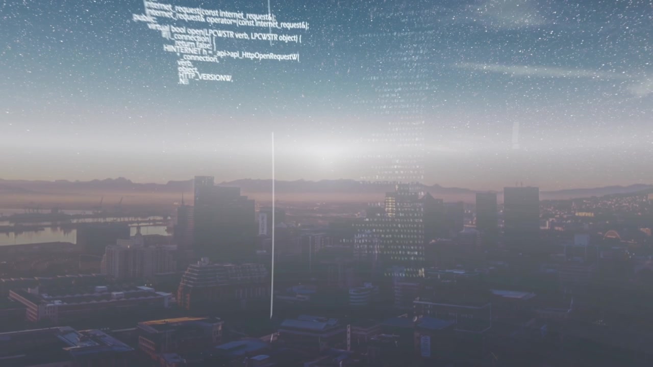 Animation of data processing over cityscape