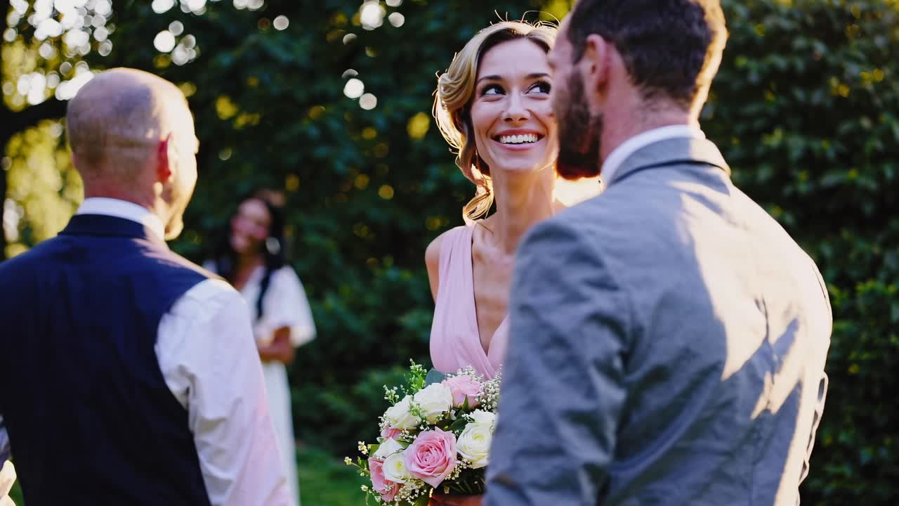 Una sposa con un velo rosa, ripresa di lato, si trova in un giardino soleggiato