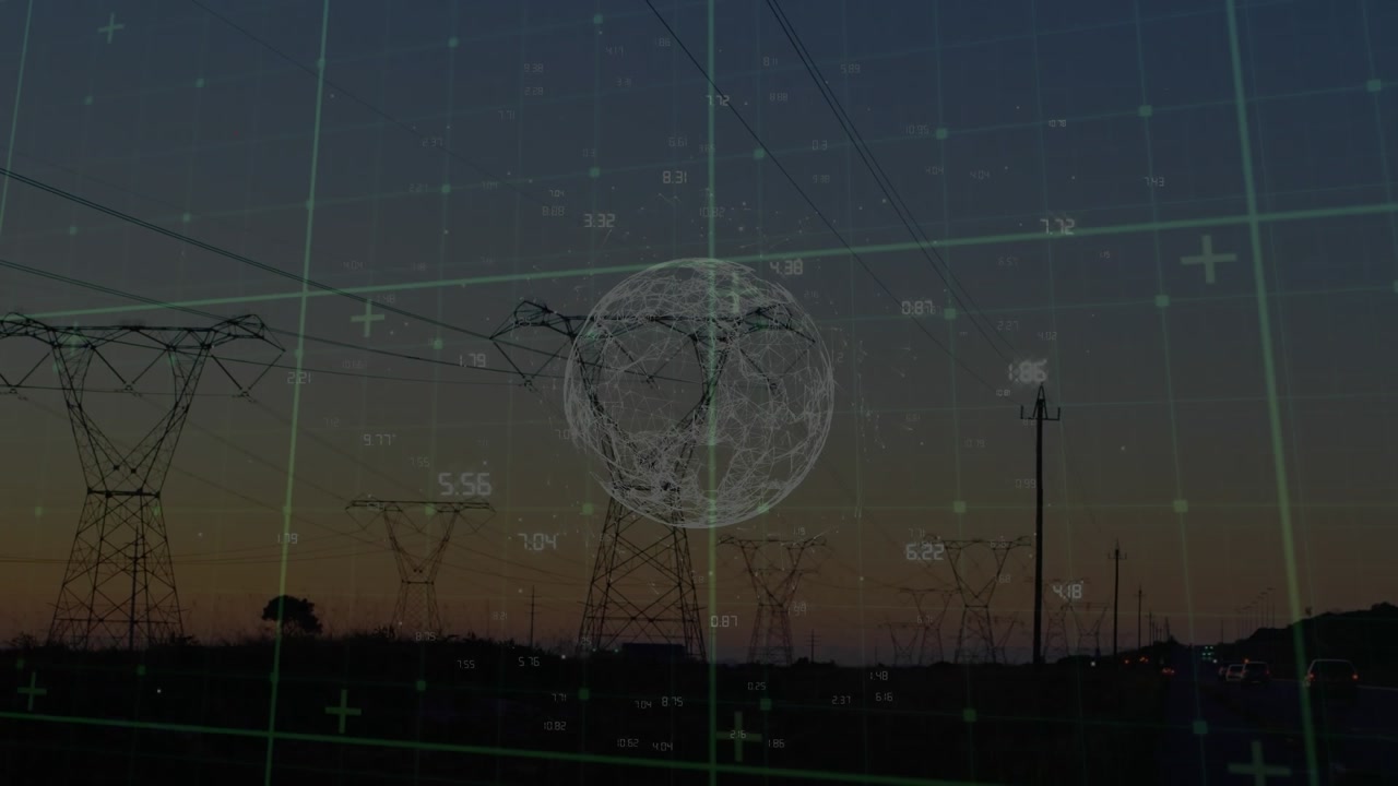Animation of globe and data processing over pylons