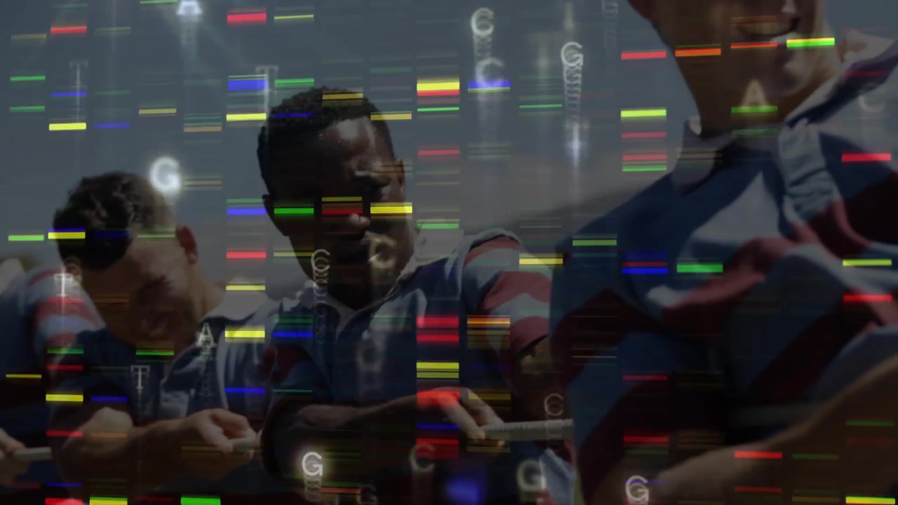 Camera panning across rugby teammates pulling rope on field generating dense gene data overlay