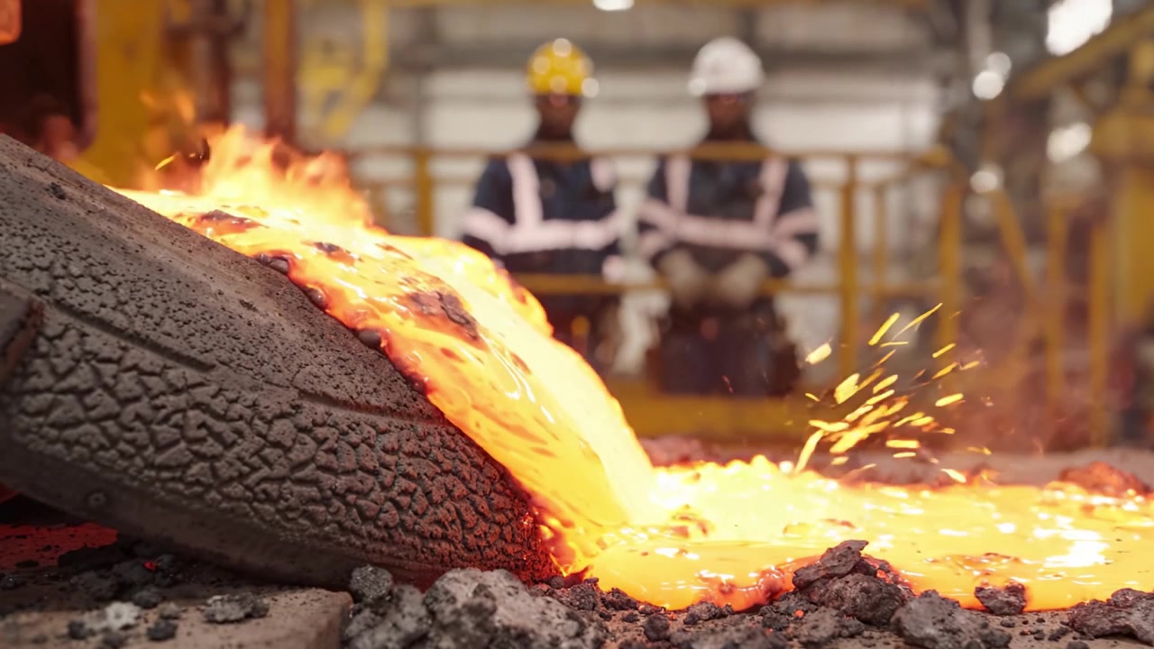 Molten metal flows from a furnace while two workers in hard hats watch, highlighting the intense heat and safety practices in a metalworking environment.