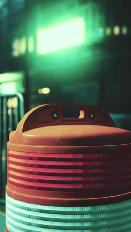 a red and white trash can sitting on the side of a road