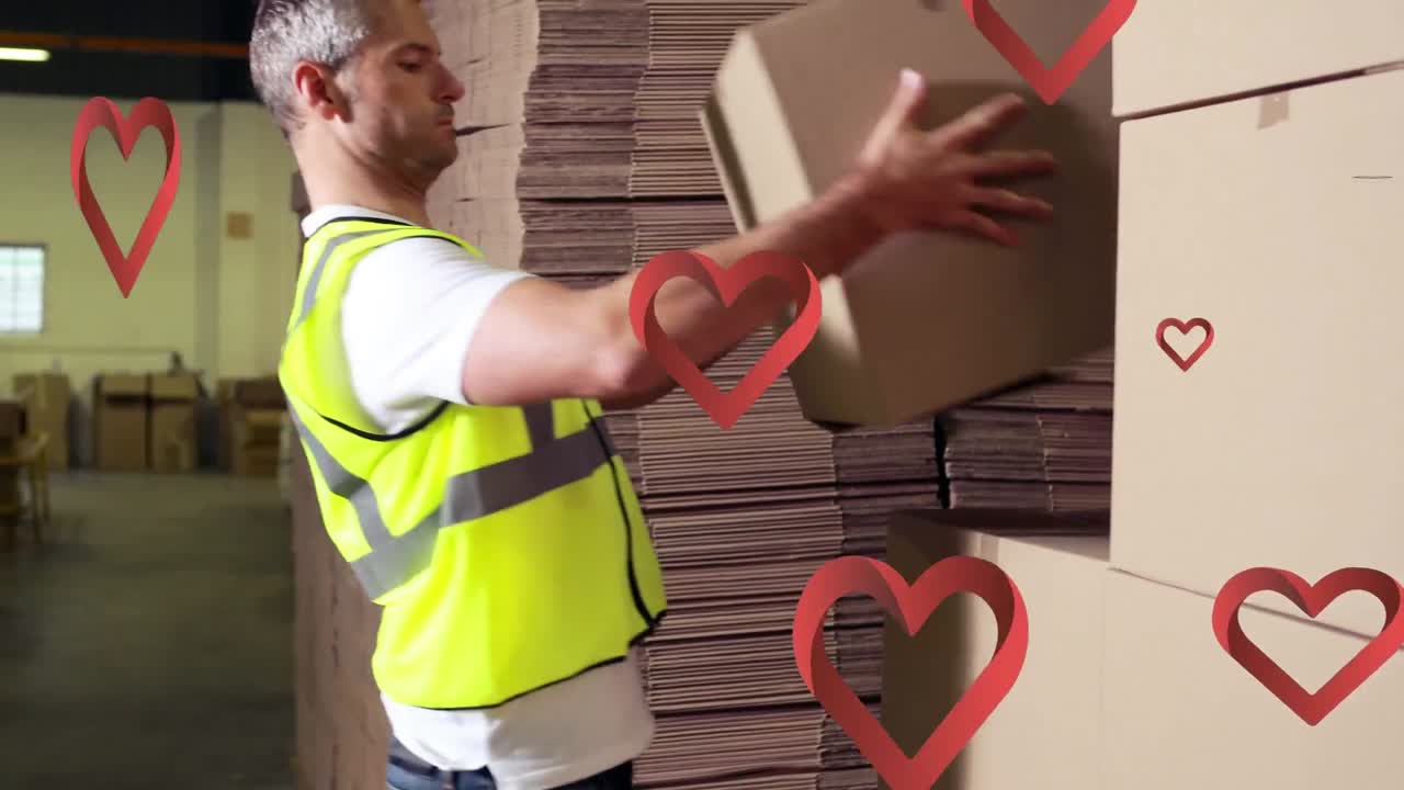 animación de iconos de corazón sobre caucásicos hombres entregadores con cajas