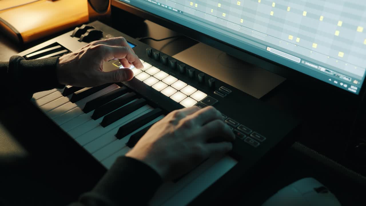 Production musicale. Un homme tapote des doigts les pads de batterie d'un clavier MIDI. Home studio.