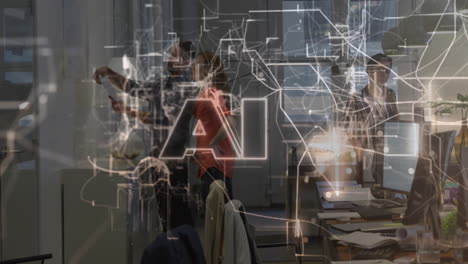 ai network animation over people working in busy office environment