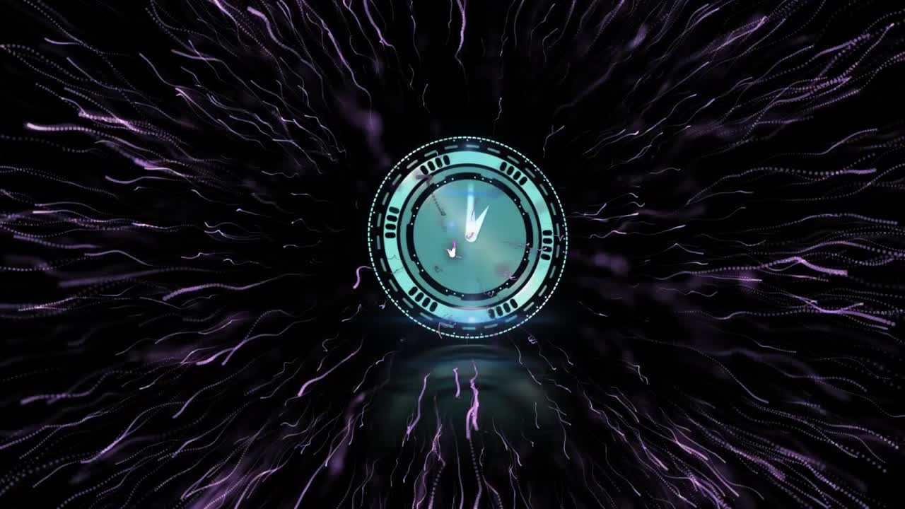 Animation of clock with moving hands over pink firework exploding on black background