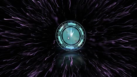 Animation-of-clock-with-moving-hands-over-pink-firework-exploding-on-black-background