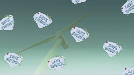 animación del texto de ahorro de energía con iconos sobre la turbina eólica
