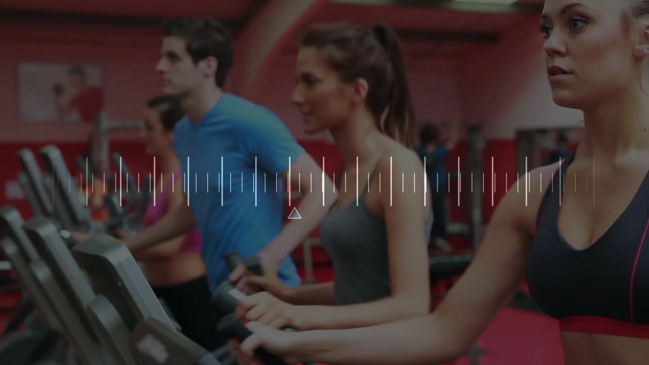 Trio exercising on cardio on audio cue, adjusting grips for fitness while waveform syncing