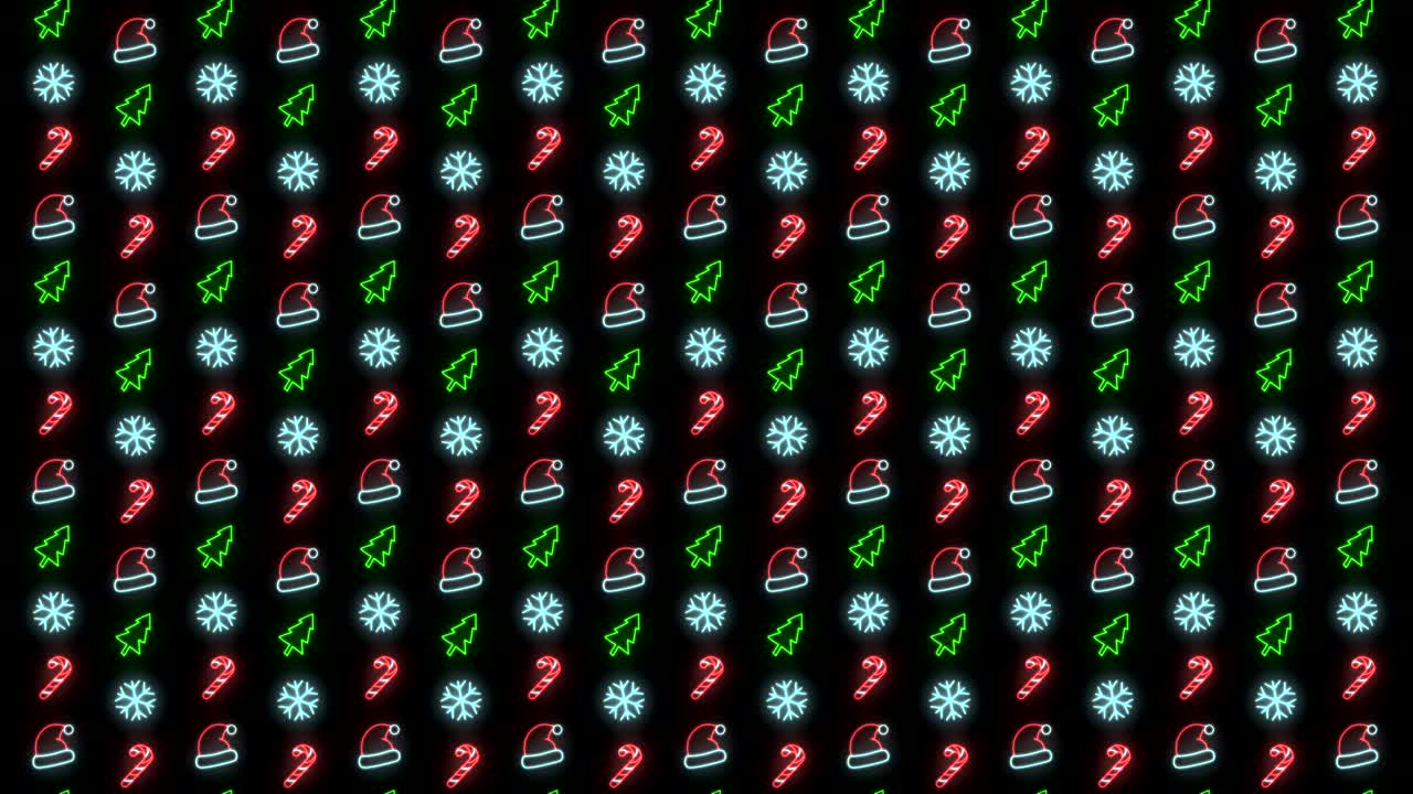 fondo de patrón navideño de neón de árbol de navidad, copo de nieve, sombrero de santa y bastón de caramelo en animación en bucle rojo, blanco y negro