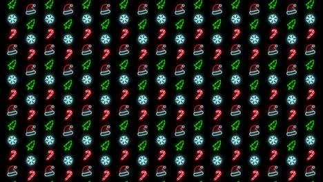 Neon-Christmas-Pattern-Background-of-Christmas-Tree,-Snowflake,-Santa-Hat-and-Candy-Cane-in-Red-Black-and-White-Looping-animation