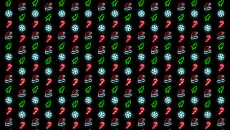 fondo de patrón navideño de neón de árbol de navidad, copo de nieve, sombrero de santa y bastón de caramelo en animación en bucle rojo, blanco y negro