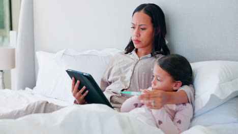 mother, sick child and video call in a bed at home