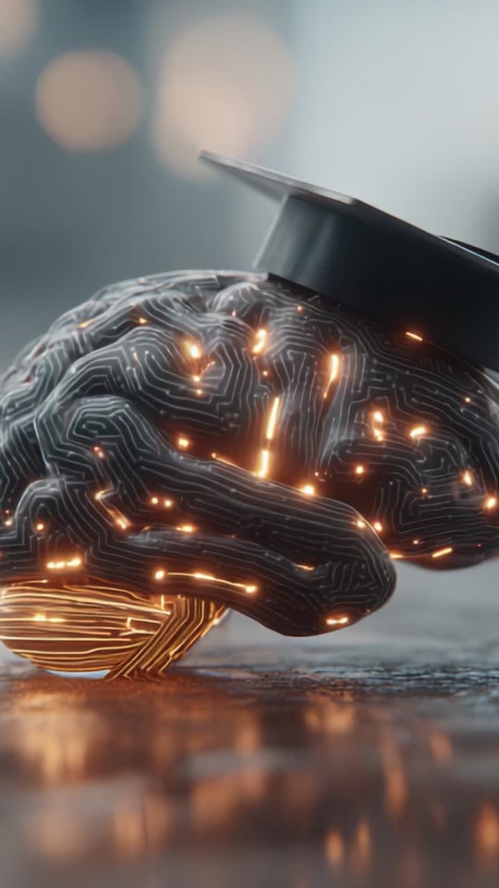 A futuristic interpretation of a brain adorned with a graduation cap, merging technology and education, symbolizes advanced knowledge and innovation in artificial intelligence