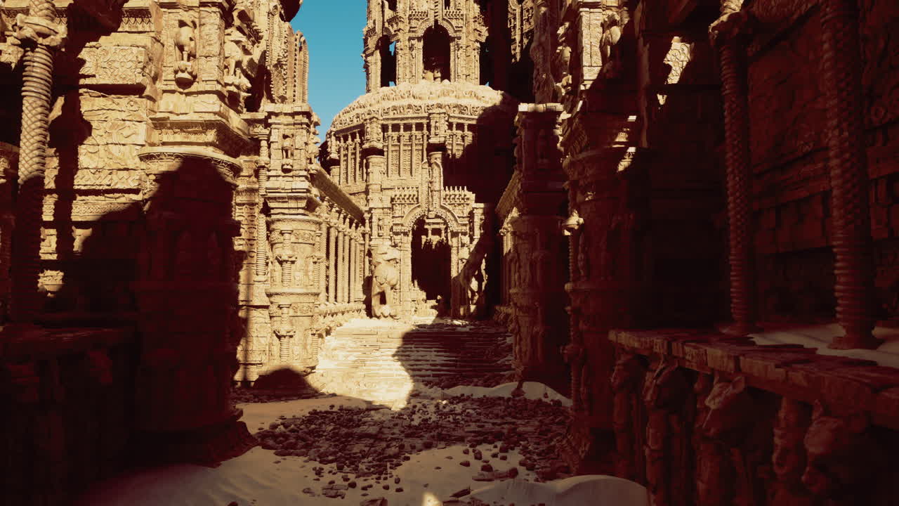 Ruins of an ancient temple complex in a desert landscape under bright sunlight