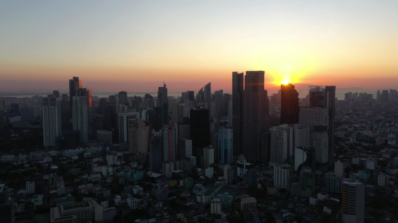 Stunning aerial view of Makati’s skyline during sunset highlights the modern architecture and glowing cityscape of Metro Manila’s bustling financial district.